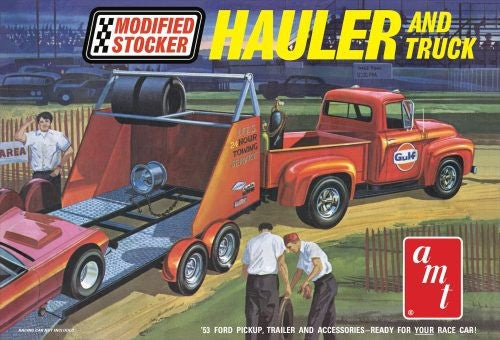 Detailed 1/25 scale model kit of a 1953 Ford Pickup and race car trailer, ideal for customizing and displaying.