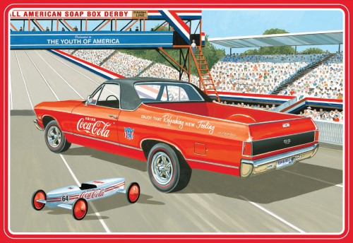 Detailed model kit of the 1968 Chevy El Camino SS, featuring 118 parts, customizable options, and a BONUS soap box derby car.