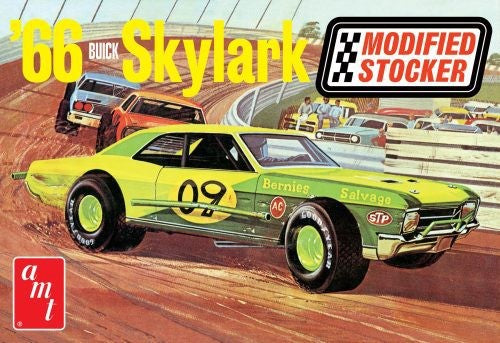 1/25 scale model kit of a 1966 Buick Skylark Modified Stocker, featuring a roll cage, racing tires, and retro packaging.