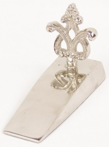 Stylish nickel plated brass door stopper, 11.5cm high, prevents slamming and adds elegance to any interior decor.