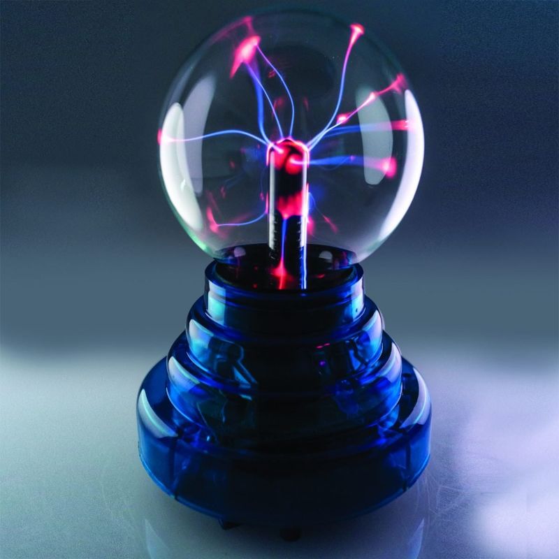 Plasma Ball with Blue Base, 3-inch, creates mesmerizing electric arcs; perfect for decor and science lovers. Battery-operated fun!