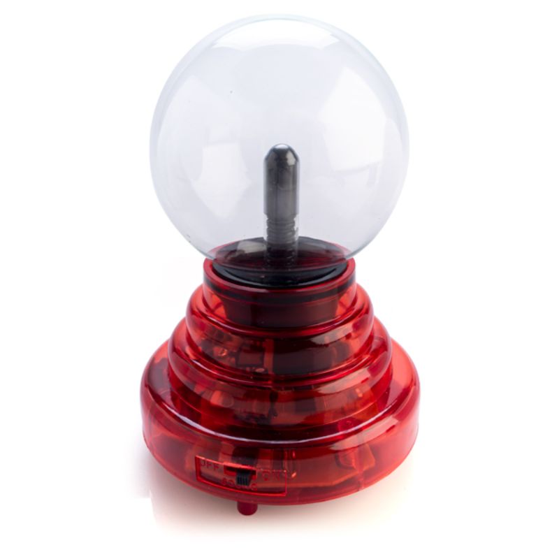 Plasma Ball with red base, 3-inch lamp creates lightning effects and reacts to sound, perfect for decor and entertainment.