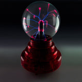 Plasma Ball with Red Base, 3 inches, battery-operated, creates vivid lightning effects, reacts to sound, perfect decor piece.