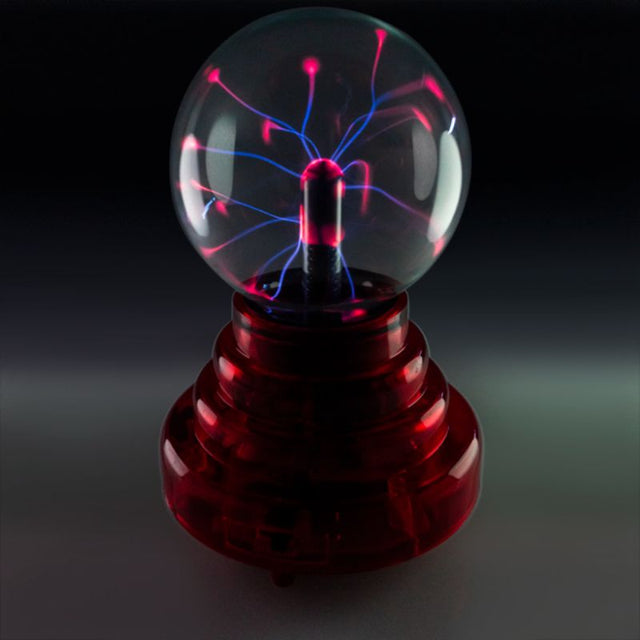 Plasma Ball with Red Base, 3 inches, battery-operated, creates vivid lightning effects, reacts to sound, perfect decor piece.