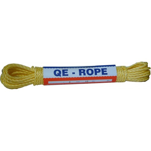 All purpose yellow rope, 4mm thick, 15m long, UV stabilized, floats on water, suitable for various industrial and home uses.