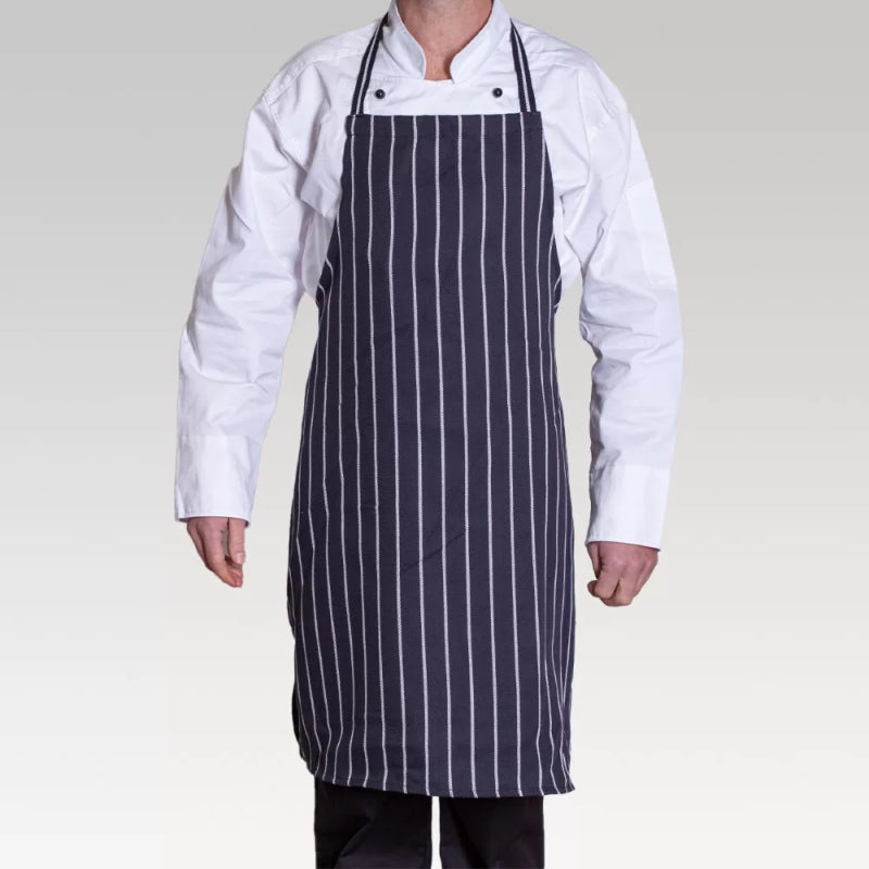 Short black and white striped chef bib apron, made from durable polyester, ideal for stylish yet practical cooking.