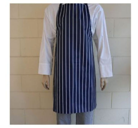 Navy and white striped waterproof bib apron for chefs, 71cm wide and 95cm long, ideal for protected cooking.