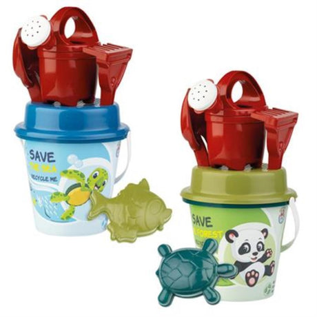 Eco-friendly set of 4 assorted buckets featuring panda and turtle designs, made from recycled materials for sustainable living.