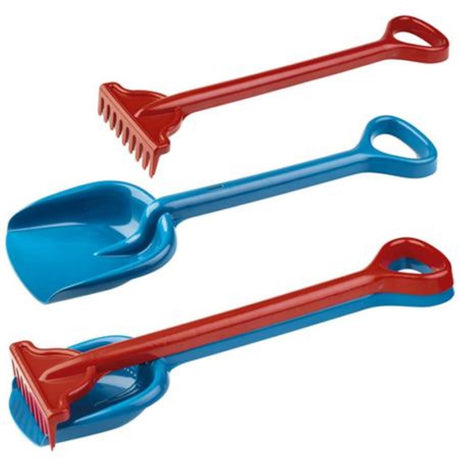 Eco-friendly spade and rake set for kids, made from recycled materials, perfect for introducing gardening to young hands.