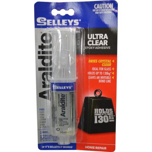 Selleys Araldite ULTRA CLEAR 24ml epoxy adhesive syringe, perfect for invisible bonds and quick, strong repairs.