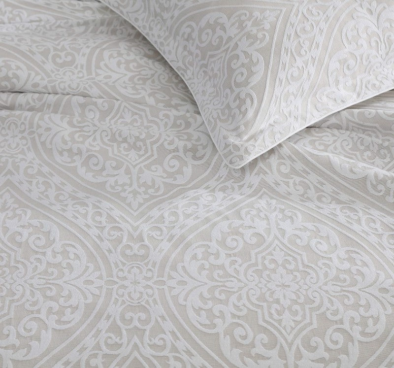 Super King duvet cover set in Arlet Stone with elegant jacquard pattern, includes 2 pillowcases, cotton-polyester blend.