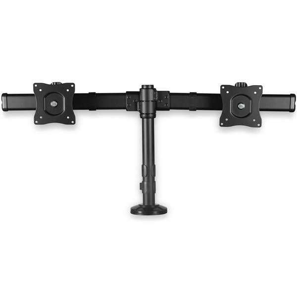 Desk-mount dual-monitor arm supporting two 13"-27" monitors with adjustable height, tilt, swivel, and cable management.