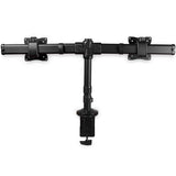 Desk-mount dual-monitor arm for 13" to 27" screens, featuring adjustable height, tilt, swivel, and cable management.