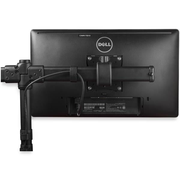 Desk-mount dual-monitor arm for 13"-27" monitors, featuring adjustable height, dual arm support, and cable management.