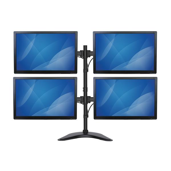 Quad-Monitor Desktop Stand showcasing four adjustable monitors, designed for ergonomic workspace optimization and cable management.