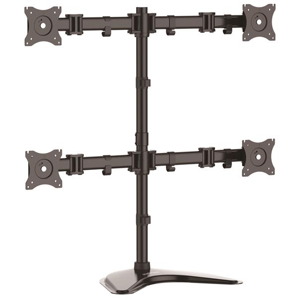 Quad-Monitor Desktop Stand with adjustable arms for optimal viewing angles, sturdy steel construction, and cable management for tidy workspace.