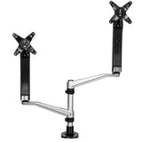 Desk mount dual monitor arm in sleek silver design, supporting up to 30" monitors with full motion and tool-less assembly.