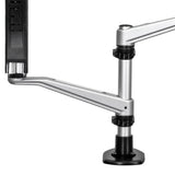 Desk mount dual monitor arm with tool-less assembly, supporting two 30" VESA monitors for optimal productivity and ergonomics.