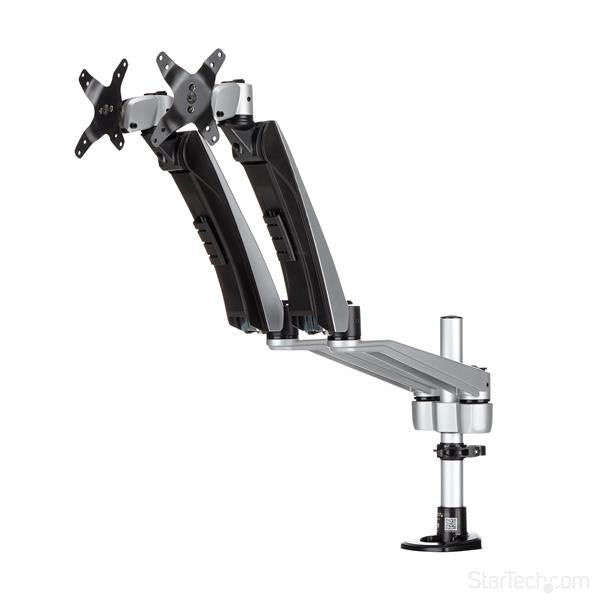 Dual monitor arm with tool-less design, supports up to 30" screens, full motion, height adjustment, and sleek silver finish.