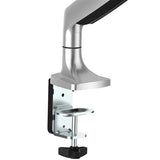 Full motion articulating desk mount monitor arm in silver, supports 13"-34" displays with easy height adjustment and cable management.