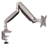 Desk-mount monitor arm in silver, with full motion articulation for ergonomic height and angle adjustments. Supports monitors up to 19.9lbs.