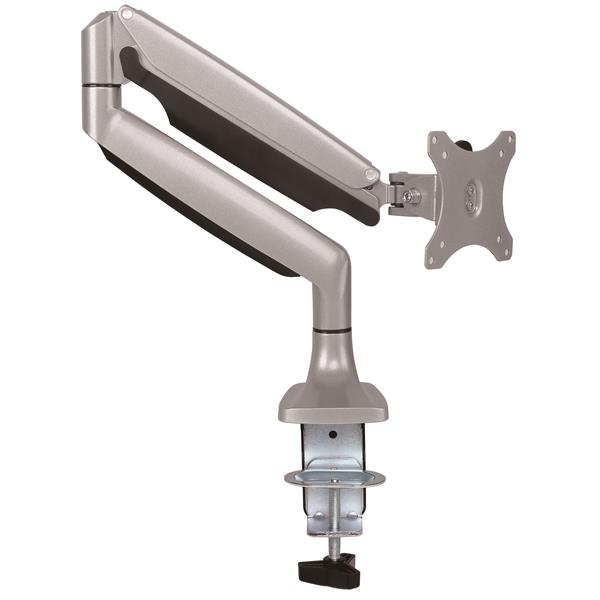 Articulating desk-mount monitor arm in sleek aluminum, supporting 13"-34" displays with adjustable height and full motion flexibility.