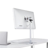 Single monitor stand in silver steel, adjustable for 34" displays, VESA compatible, with cable management and ergonomic design.