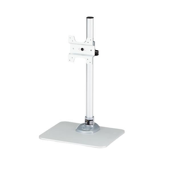 Single monitor stand in silver, supports up to 34" VESA mounts, featuring adjustable height and integrated cable management.