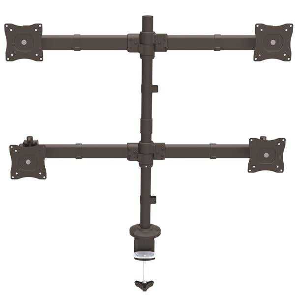 Heavy-duty steel quad-monitor arm for mounting four screens, featuring adjustable swivel and tilt for optimal viewing angles.