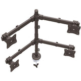 Heavy-duty steel quad-monitor arm for 4 screens, featuring adjustable angle and space-saving desk mount design.