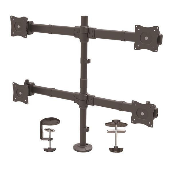 Heavy-duty desk-mount quad-monitor arm for four screens, adjustable for optimal viewing, promoting a clutter-free workspace.