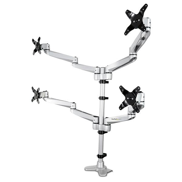 Premium quad monitor mount with swivel arms, supports four 27" screens, durable aluminum, silver finish, and cable management.