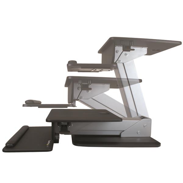 Adjustable Sit-to-Stand Workstation with pneumatic arm for ergonomic comfort, fitting monitors from 12" to 30" on any desk.