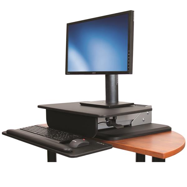 Adjustable sit-to-stand workstation with pneumatic arm for ergonomic comfort and productivity in any workspace.