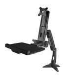 Adjustable Sit-Stand Monitor Arm with keyboard tray, supports monitors up to 24", enhances ergonomic workspace flexibility.