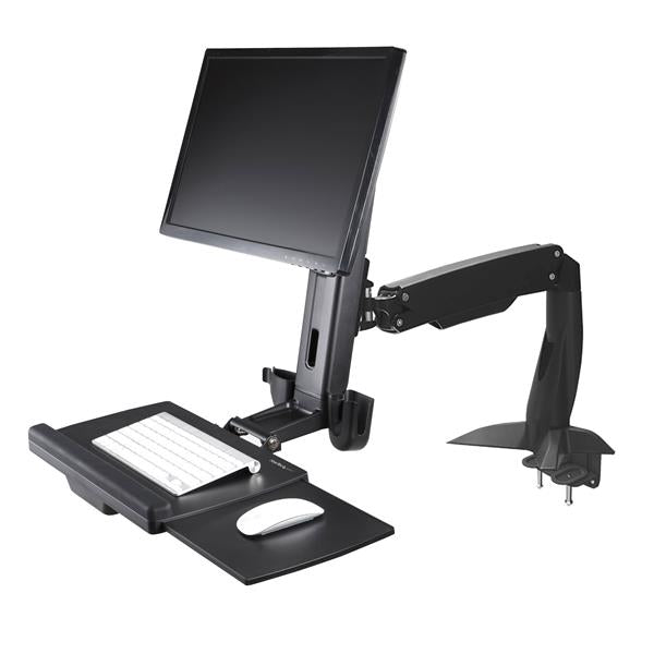 Sit-Stand Monitor Arm with adjustable height and keyboard tray for ergonomic desk setups, supporting monitors up to 24 inches.