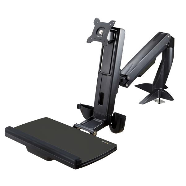 Ergonomic Sit-Stand Monitor Arm with adjustable height, keyboard tray, and flexible installation for improved productivity.