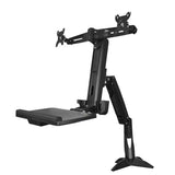 Sit-stand dual monitor arm with adjustable height, supporting two 24-inch screens, includes keyboard and mouse trays.