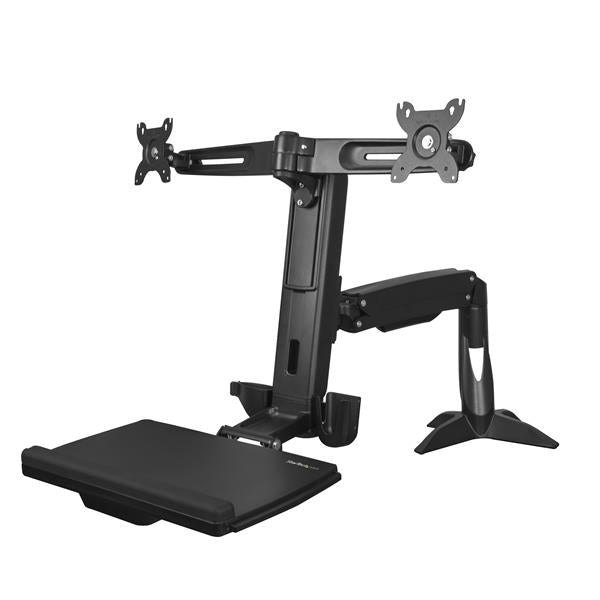 Sit-stand dual monitor arm with adjustable height, ergonomic keyboard tray, and support for two 24-inch monitors.