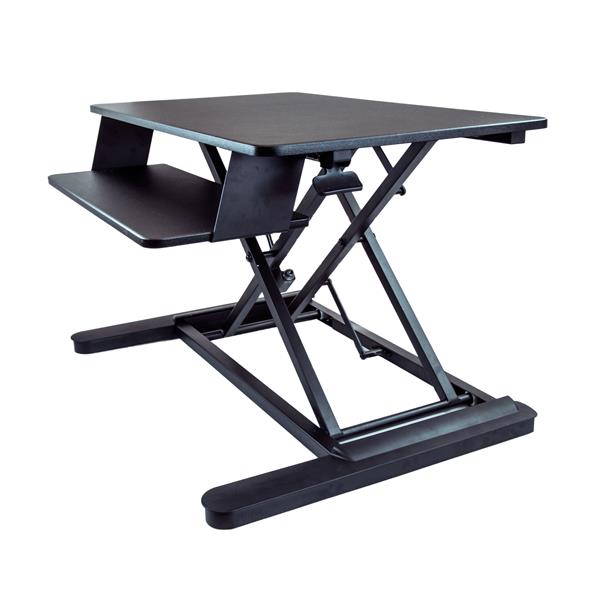 Sit-stand desk converter with a large 900 mm surface, adjustable height, supports dual monitors, promotes ergonomic comfort.