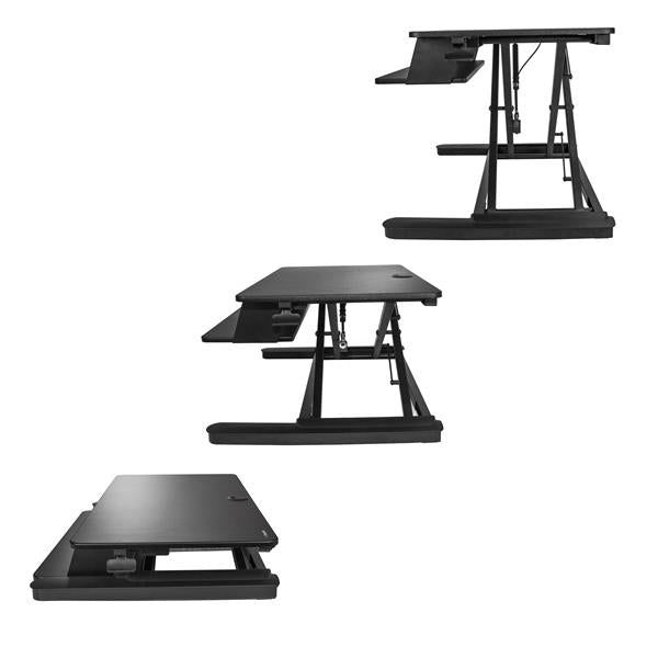 Sit-stand desk converter with a large 900 mm surface, allowing smooth height adjustments for ergonomic comfort and productivity.