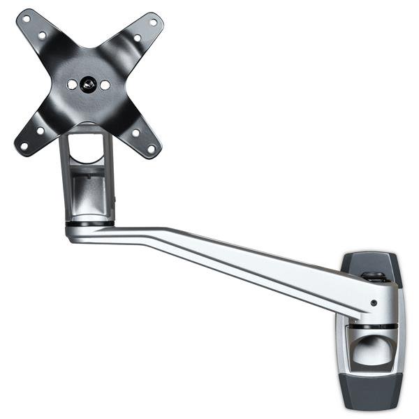 Wall mount monitor arm with 20.4" dual swivel extension for optimal viewing, supports monitors up to 34", sleek aluminum design.