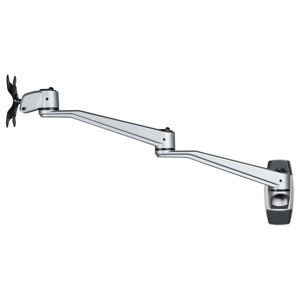 Wall mount monitor arm with dual 20.4" swivel extension, supporting VESA monitors up to 34" for optimal viewing flexibility.