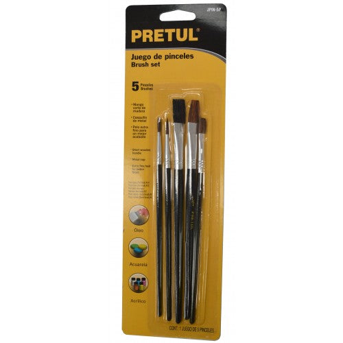 Truper 5 Piece Artist Paint Brushes with natural bristles, wooden handles, and metal ferrules for precise painting.