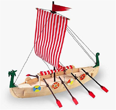 Viking Ship model kit for kids, with high-quality plywood parts, paints, sails, and DVD instructions for creative building.