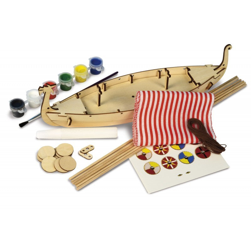 Wooden Viking ship model kit for kids with laser-cut parts, paints, and assembly instructions; fosters creativity and learning.