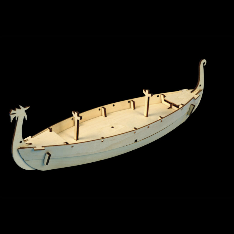 A detailed Viking ship model kit for kids aged 8+, featuring quality plywood parts, paints, glue, and DVD instructions.