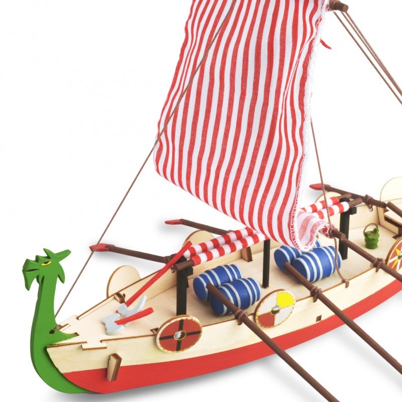 Viking ship model kit for kids aged 8+, featuring high-quality plywood, paints, and DIY instructions for creative building.