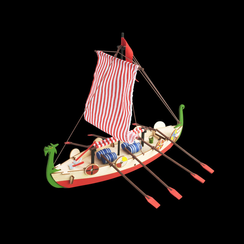 Wooden Viking ship model kit for kids aged 8+, includes laser-cut parts, paints, and instructions for hands-on building fun.
