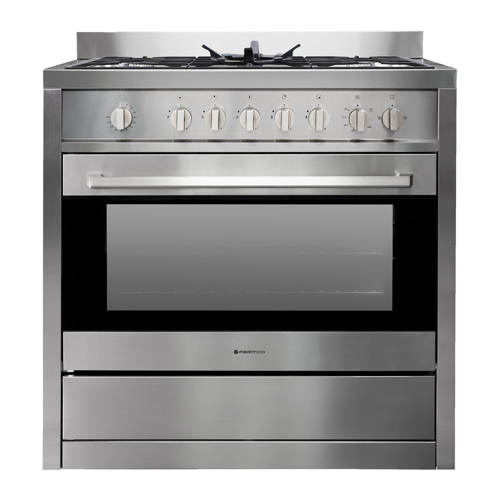 Sleek Parmco 900mm Full Gas Cooker with 4 burners, 107L oven, flame protection, and stylish stainless steel finish.